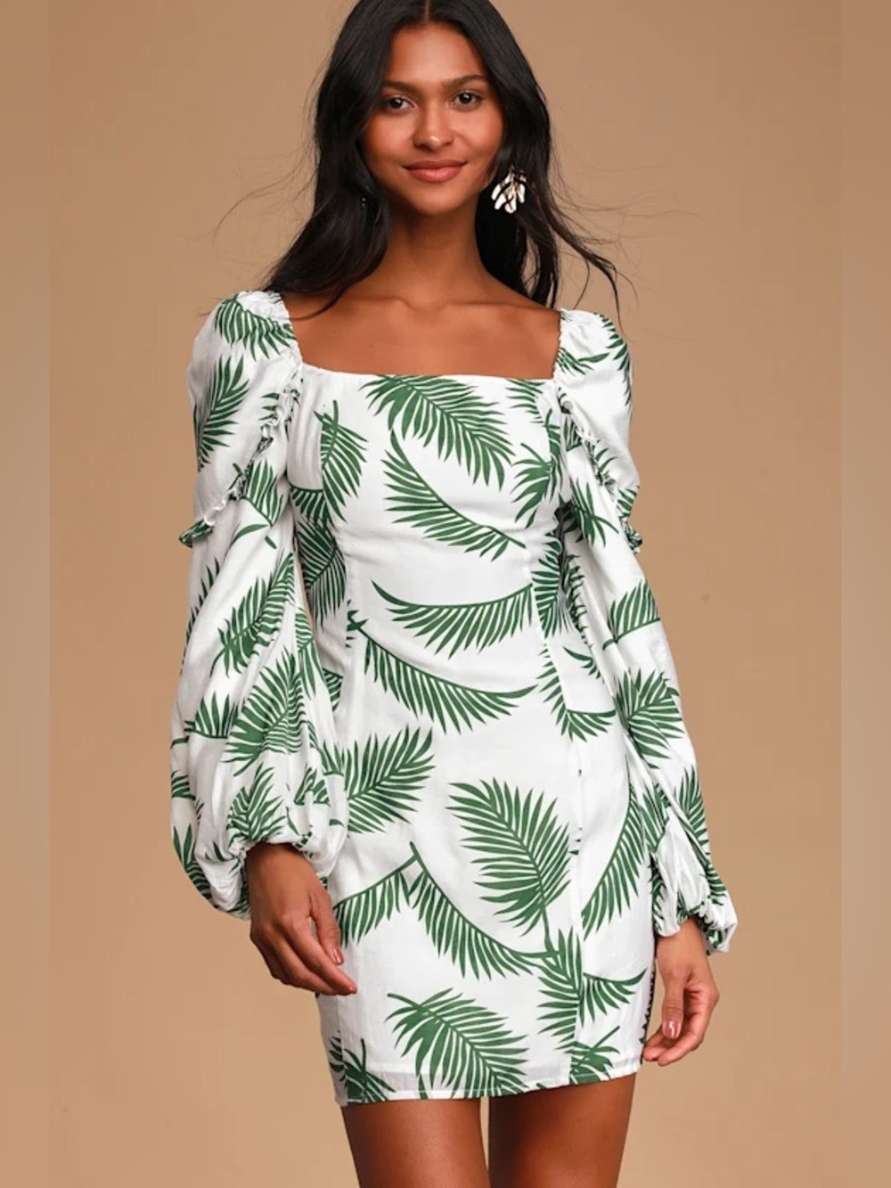 Frond Feelings White Leaf Print Balloon Sleeve Mini Dress